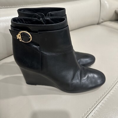 Tory Burch Leather Sofia 3.3'' Wedge Bootie Size 8.5  Black Soletech