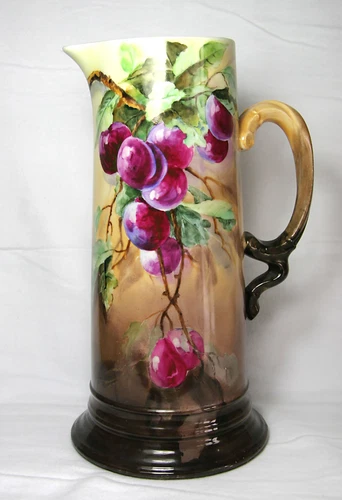 LIMOGES 12” TANKARD BEAUTIFUL HAND PAINTED PLUMS ARTIST SIGNED, PLEASE READ