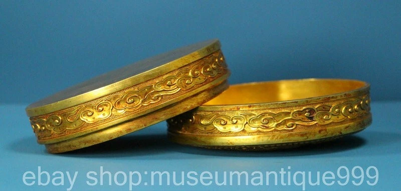 4.8" Chinese Bronze 24K Gold Gilt Dynasty Double Dragon Jewelry Storage Box - Image 3 of 4