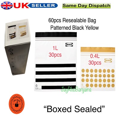 Ikea Istad Food Storage Resealable Resusable 60 Bags Black Yellow Pattern  BOXED