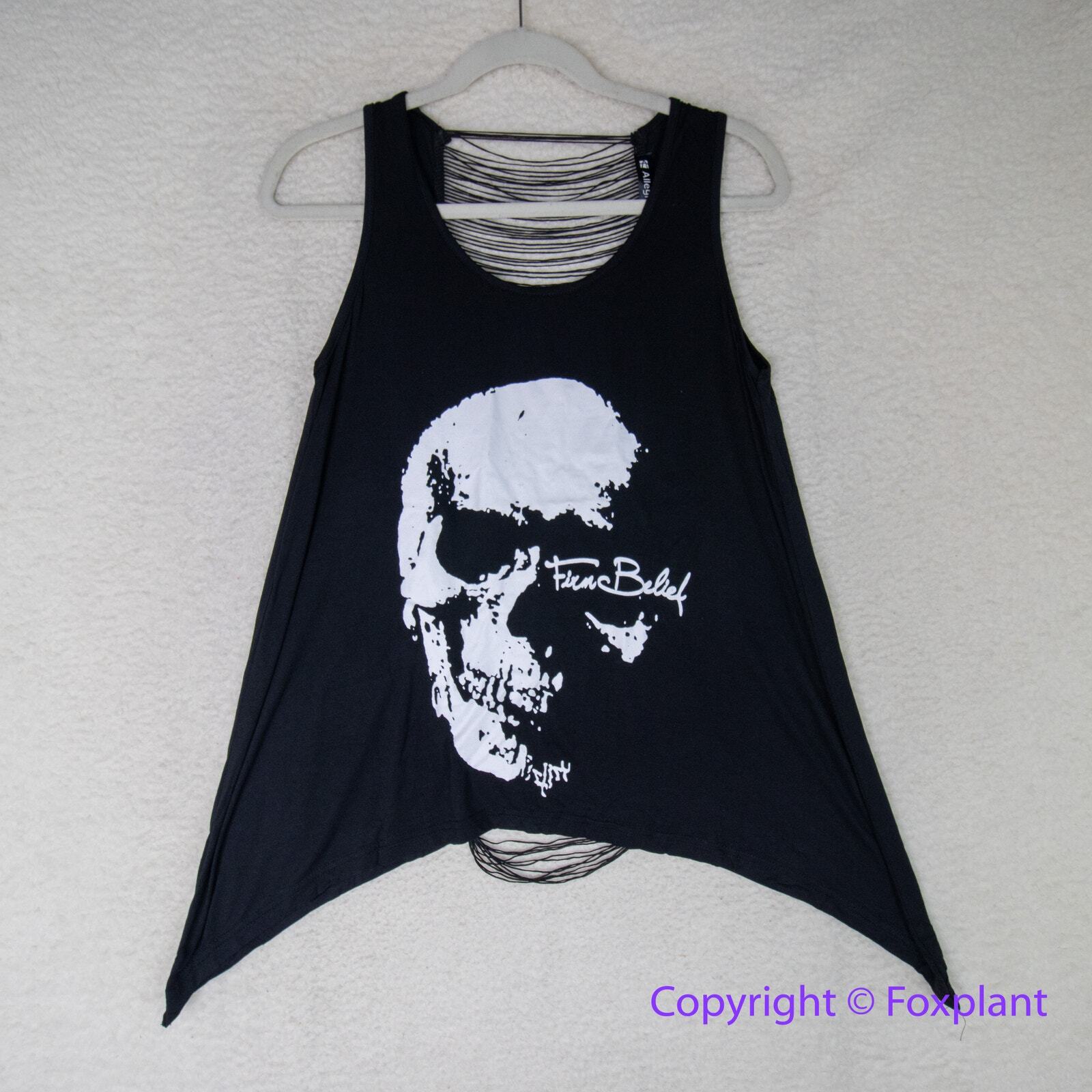 Allegra K Gothic Black Skull Backless T-Shirt with Hollow Tassel Size S