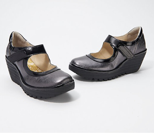 FLY London Leather Wedge Shoes Mary Jane Sz 40 9 9.5 Yolt Black Graphite Patent | eBay