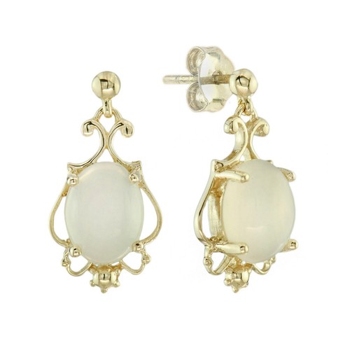9K Yellow Gold Natural Oval Moonstone Vintage Style Drop Earrings - Picture 2 of 6