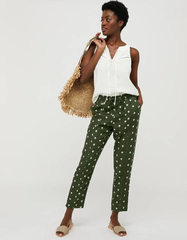 Brand New Ladies Ex Monsoon Francine Floral Jogger Trousers In Pure Linen Sizes - Image 2 of 4