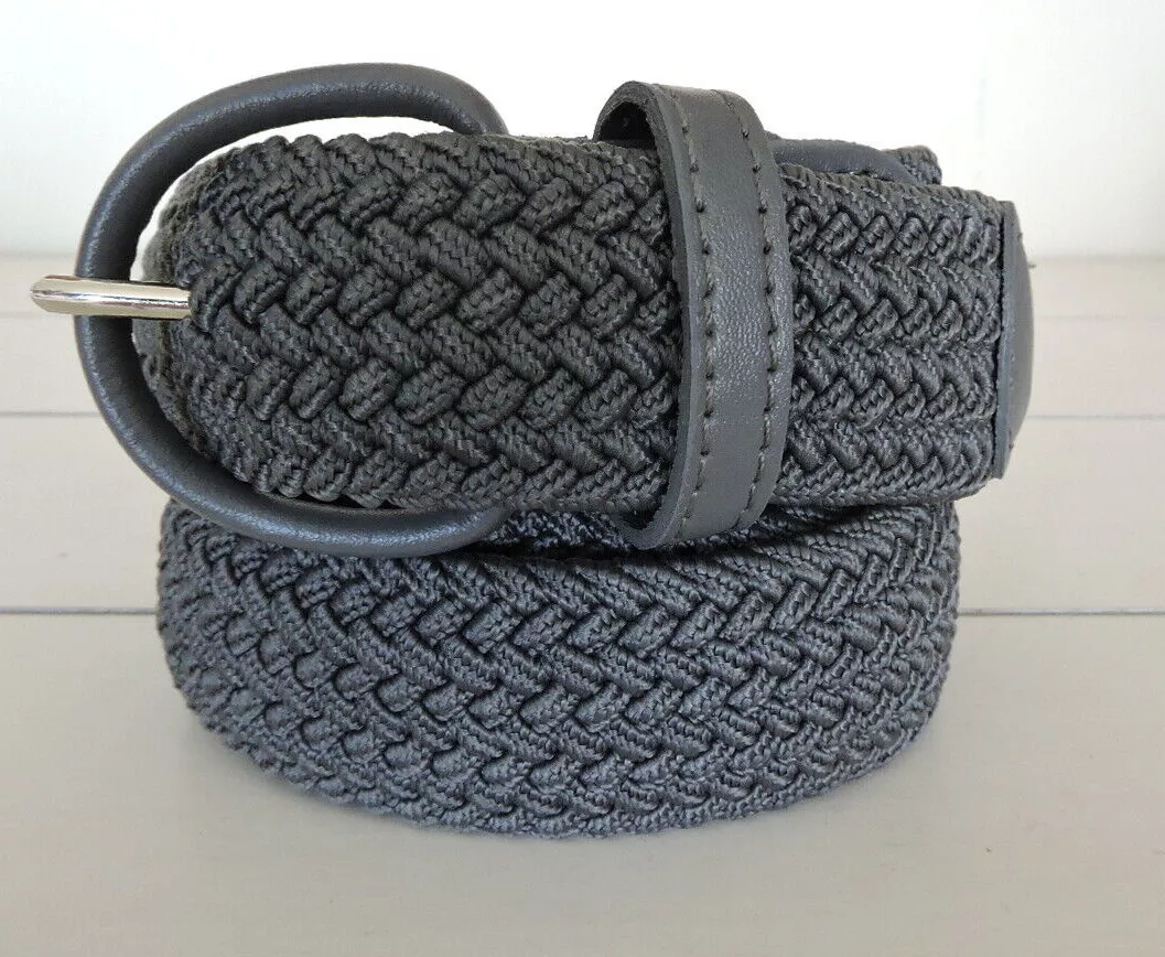 Grey Elastic Braided Stretch Belt Unisex Leather Covered Buckle