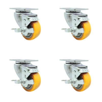 3 Inch Yellow Polyurethane Wheel Swivel Top Plate Caster Set with Brake SCC