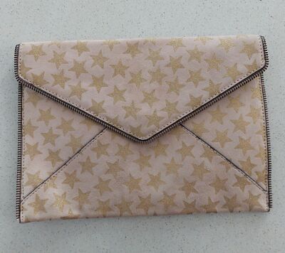 REBECCA MINKOFF Envelope Clutch Purse Suede Leather Gold Stars