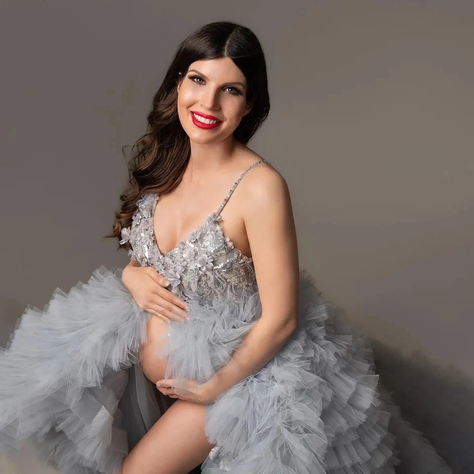 Luxury Lace Beaded Maternity Dresses Photoshoot Front Slit Puffy Pregnant Gowns - Image 3 of 4