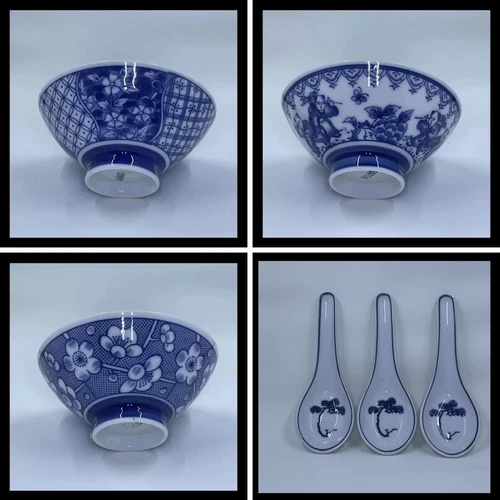 Rice Bowls Japanese Porcelain Footed Set of 8 and 7 Spoons 3 Designs Vintage