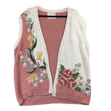 Marisa Christina Sweater Vest XL Peach Knit Floral Pearl Button Up Grannycore