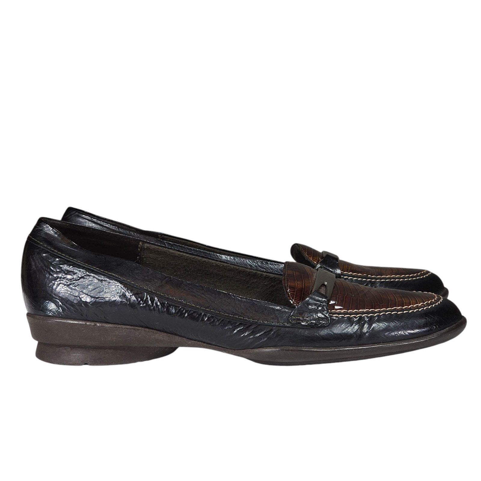 Munro American Snakeskin Loafers sz 7N Women Patent Leather Horsebit Black Brown