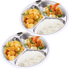 Stainless Steel Divided Plate Set: 3 Section Set of 2 Serving Trays Great for...