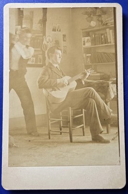 Antique Cabinet Card Photo Man Playing Guitar Candid Motion Scene Vintage 1900s