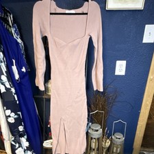 Women's Pink Ribbed Knit Square Neck Long Sleeve Bodycon Midi Dress Stretch S