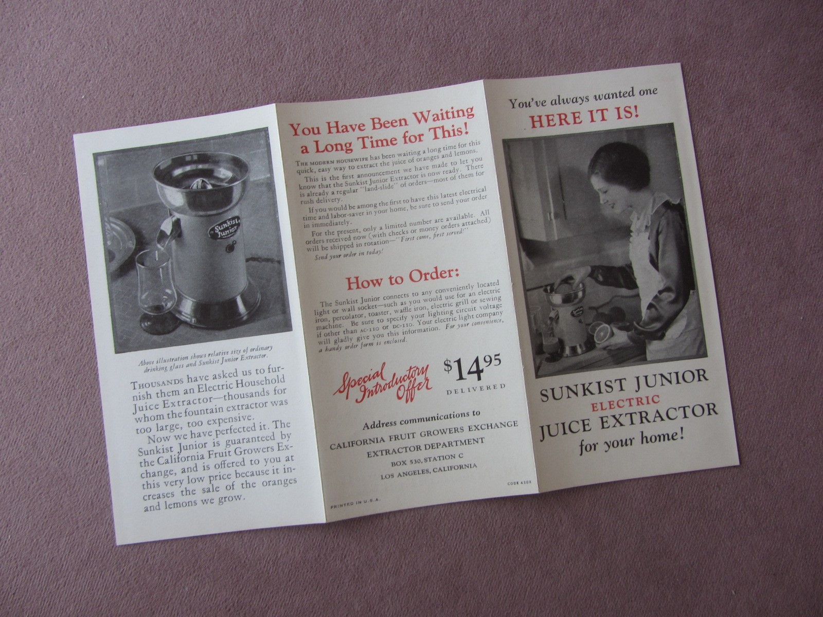 Original Vtg c1929 Sunkist Junior Electric Juice Extractor Advertising Brochure