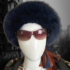 Vintage Fox Fur Hat Dyed Deep Blue Leather Top Women s
