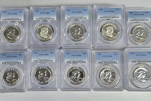 1957, 1962, 1963 Silver Proof Franklin Half Dollars 45 PCGS Slabs PR65 PR66
