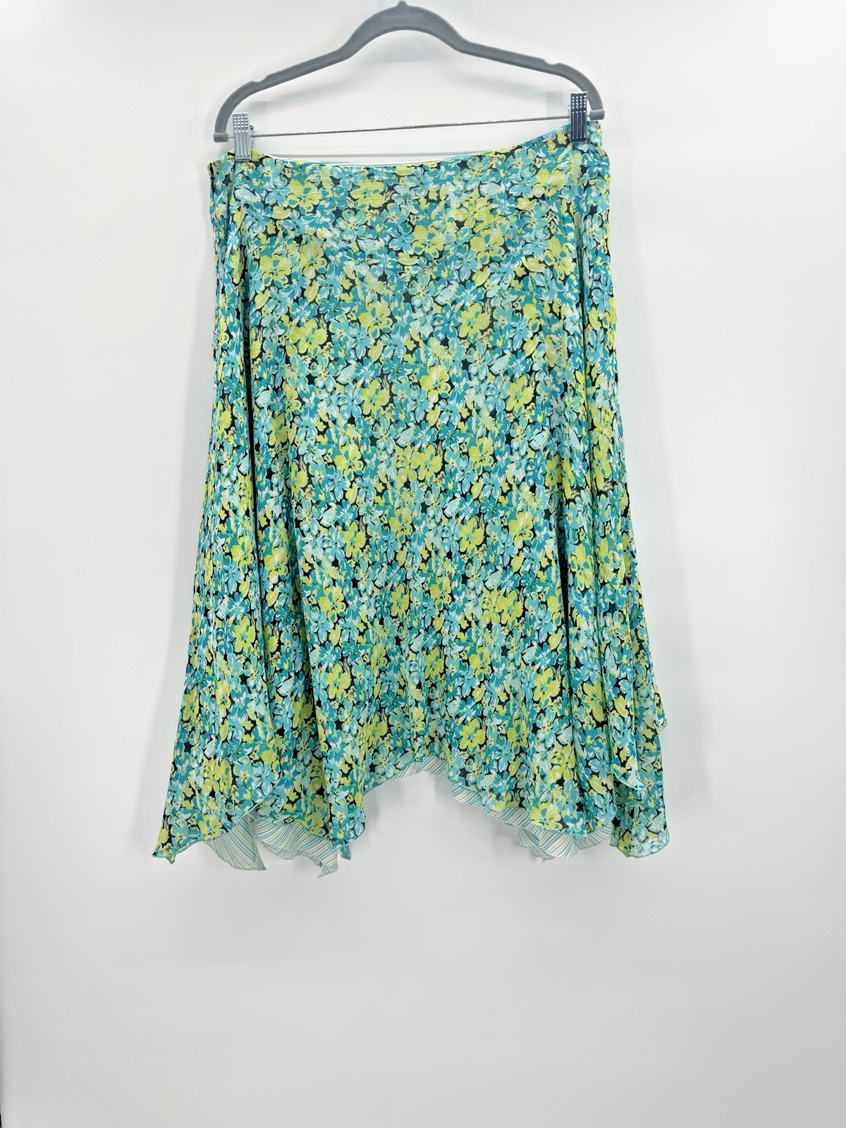 VTG Y2K Floral Asymmetrical Silk Skirt 14 Fairy Whimsical 90s Striped Underlay