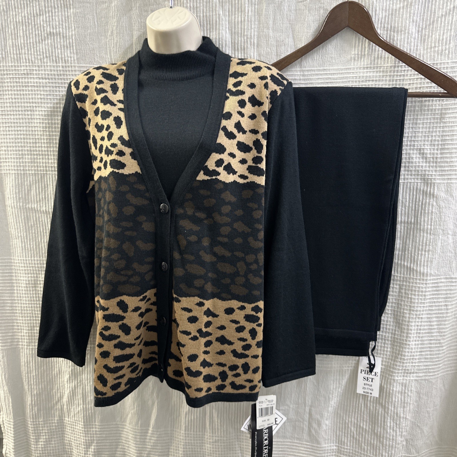 NWT Vintage Women's SAG HARBOR 2-PC Cardigan Pants Set Leopard Knit MEDIUM Mock image 2