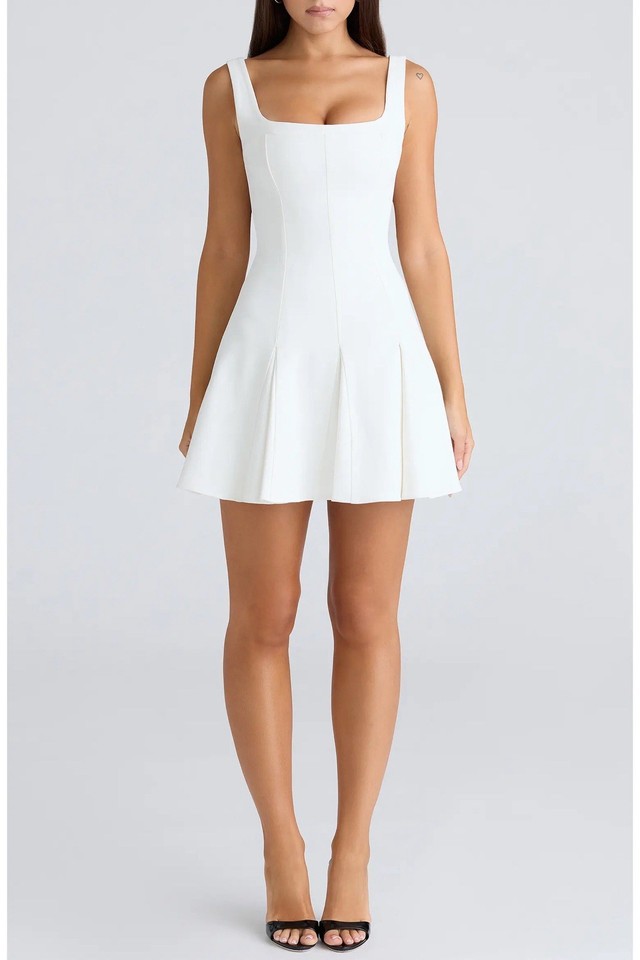 House Of CB Amelie White Mini Dress Pleated Drop Waist Style Size Large