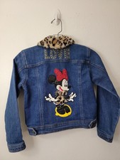 Disney Jr Minnie Mouse Denim Jacket Girls Size 7/8 Leopard Accents Snap Up CUTE
