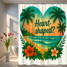 Heart-Shaped Beach Shower Curtain with Tropical Floral Design