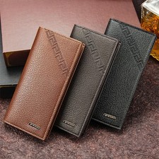Men's Leather Wallet ID Card Holder Purse Checkbook Long Clutch Bifold Business