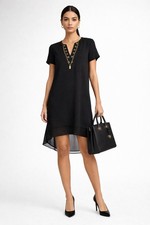 Michael Kors Black Grommet V Neck Dress Small High Low Chiffon Hem