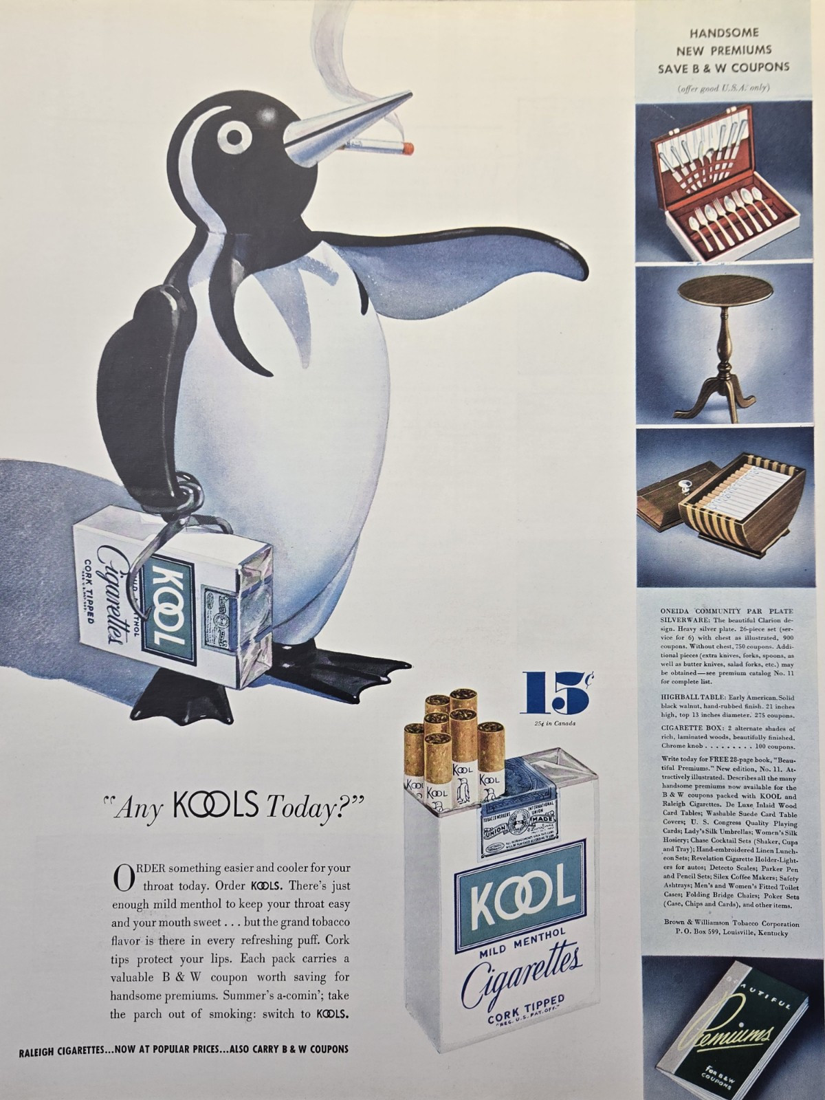 kool cigarettes bonus codes 2023 Kool Cigarettes Penguin Ice Block Tongs B & W Premiums Vintage Print Ad  1936