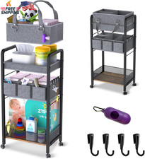 2-in-1 Baby Diaper Caddy 3-Tier Rolling Storage Cart Nursery Organizer