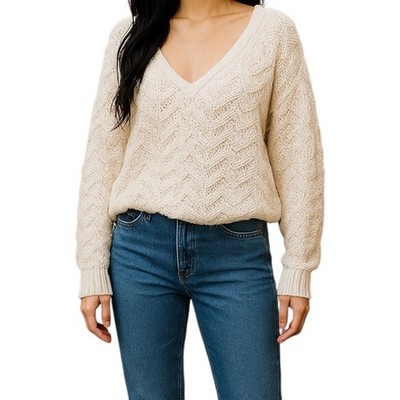 American Threads V-Neck Sweater Preppy Minimalist Pullover Casual Cream Large