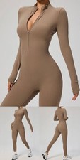 Women Zip Up Long Sleeve Bodysuit Jumpsuit Activewear Workout Yoga Beige Size M