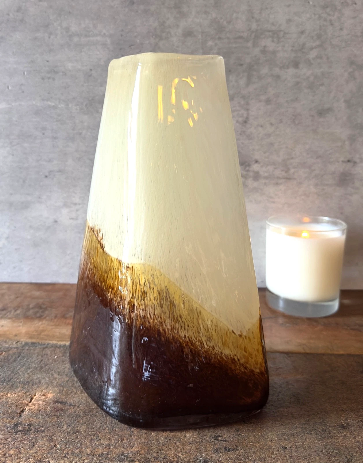 Max Moco Style Art Glass Vase Amber Ivory Hand Blown Organic Modern 25cm