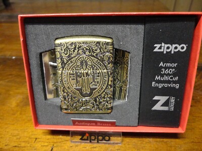 ZIPPO 360 ARMOR ANTIQUE BRASS SAINT BENEDICT ZIPPO LIGHTER MINT IN BOX