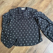 Universal Threads | Black & Sage Floral Cottage Core Bib Puff Sleeve Blouse Xs