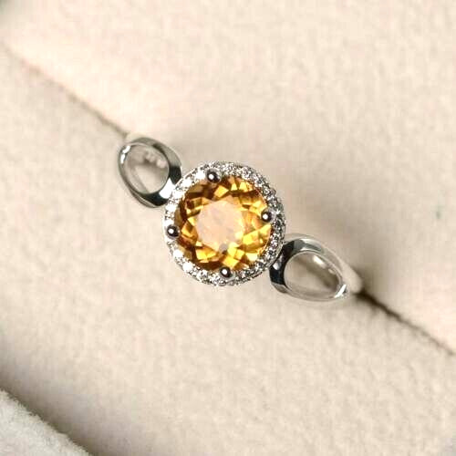 Citrine and CZ Halo Engagement Ring in Sterling Silver