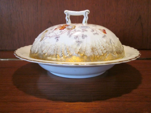 Rare Vintage Butter/Cheese Dish - Porcelain 3 pc w/tray insert Gold Floral Round