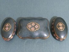 Vintage 3 Piece Marbella Toyo Vanity Set Green, Gold & Pink Enamel Floral Design
