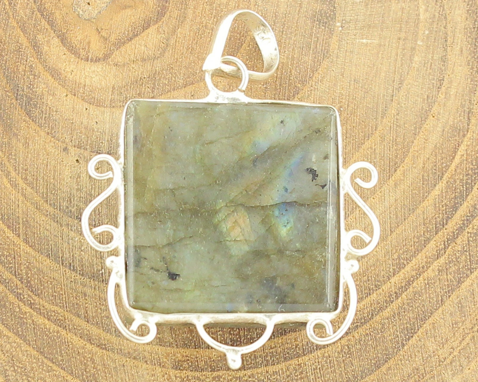 Large Square Labradorite Pendant Scrollwork Frame… - image 2