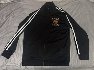 Vintage Ecko Unltd Jacket Mens Large Black Full Zip Up Track Coat Gold Rhino Y2K