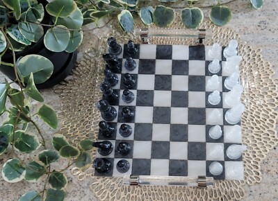Handmade Gunmetal Black White Pearl Resin Chess Board Pieces Set w/ Handles Gift