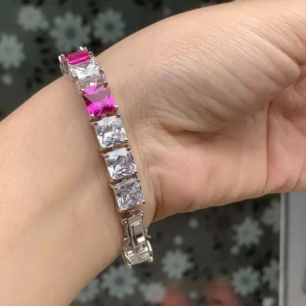 57 ctw Created Princess Sapphire & Diamond 14K White Gold Plated Tennis Bracelet - Image 4 of 4