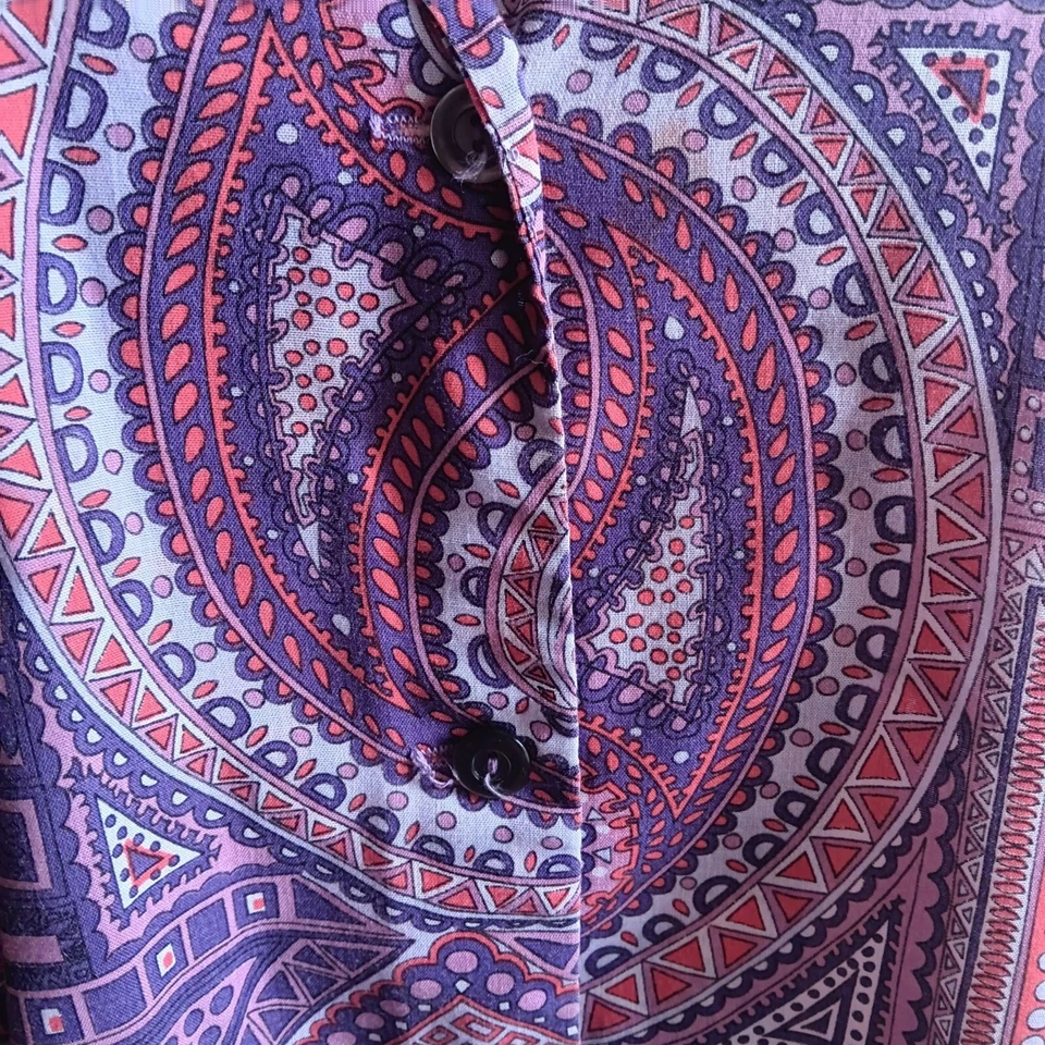 Blusa XL Vintage Años 70 Donna Lee Camisa Abotonada Púrpura Rojo Cachemira Geométrica Foto 3 de 4