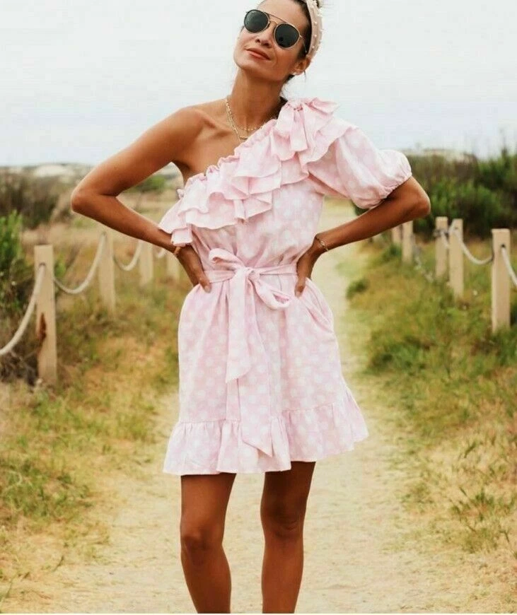White polka dot one shoulder outlet dress