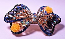 Butterfly Hair Clip Peach Silver Blue Crystal Roses Gold Tone Barrette