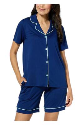 Comfort Code 2-pc Peached Jersey Notched Collar&Short Sleep Set Navy