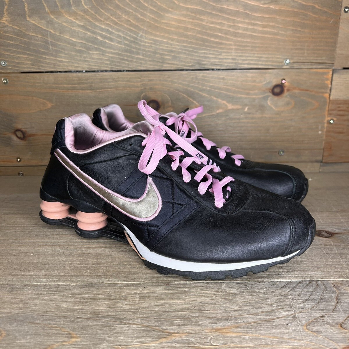 Nike Shox Black Pink Silver Leather Sneakers 313557-001 Women's
