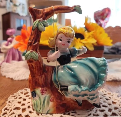 Vintage Rubens Girl on Tree Branch Swing Planter Blue  Bloomer Dress #157 Nice
