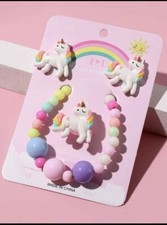 Girl s Plastic Unicorn Jewelry Bracelet, Earrings Ring Set