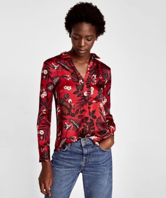 ZARA RED FLORAL PRINT CREPE FLOWING SHIRT BLOUSE SIZE M UK 10 | eBay